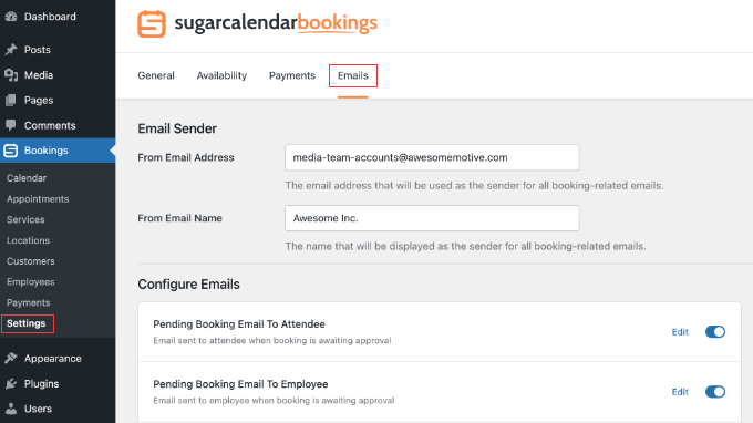 Konfiguracja ustawień e-mail w Sugar Calendar Bookings