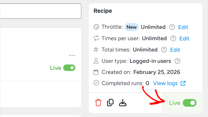 Toggling the Uncanny Automator Recipe Live