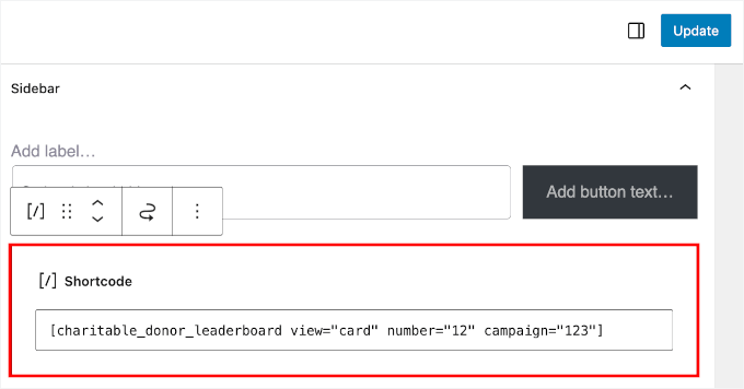Dodawanie krótkiego kodu tabeli liderów darczyńców Charitable z parametrami