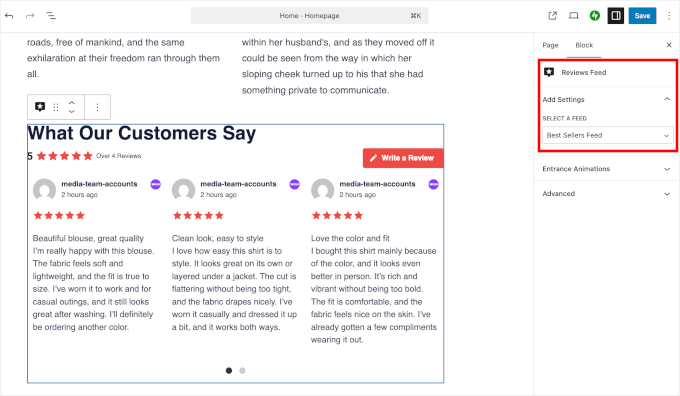 Einstellungen des Bewertungsfeed-Blocks