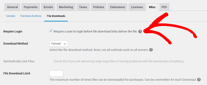 EDD's Misc settings to enable require login for file downloads