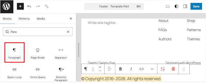 Adding a Copyright text in FSE