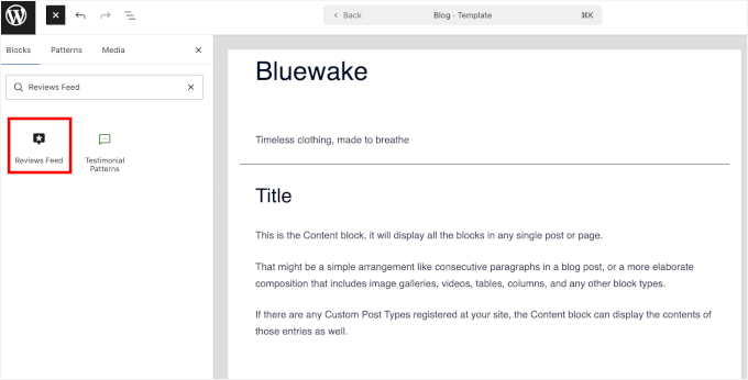 Hinzufügen des Bewertungsfeed-Blocks in FSE