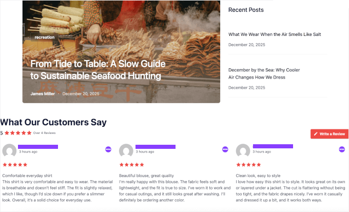 Bewertungsfeed auf der Blog-Seite