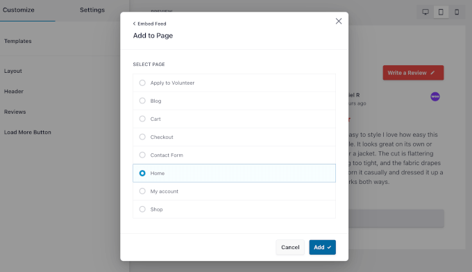 Auswählen einer vorhandenen Seite zum Einbetten des Bewertungsfeeds