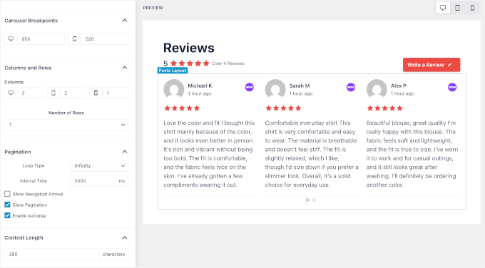 Bedienfeld für Layout-Anpassungen