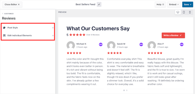 Das Bewertungen-Bedienfeld in Reviews Feed