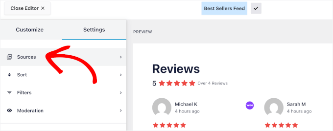 Navigieren zu den Quellen-Einstellungen