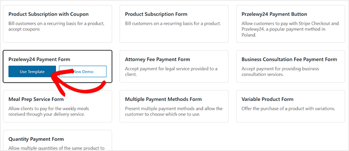 Select the Przelewy24 payment form template in WP Simple Pay