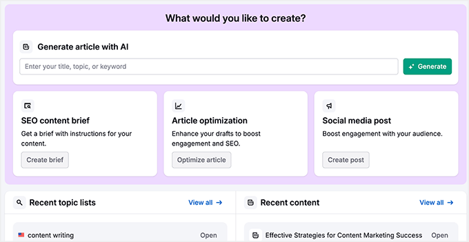 Semrush KI-Artikelgenerator-Dashboard