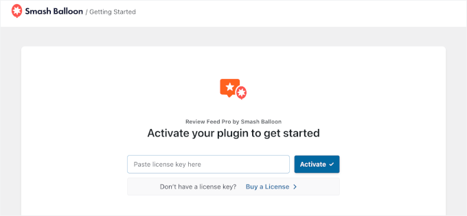 Der Einrichtungsassistent von Reviews Feed Pro zur Überprüfung des Lizenzschlüssels