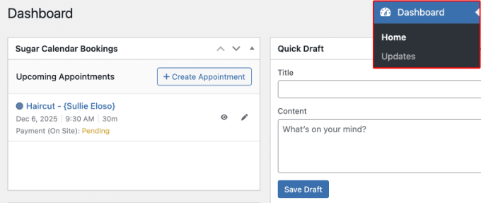 Widżet pulpitu Sugar Calendar Bookings