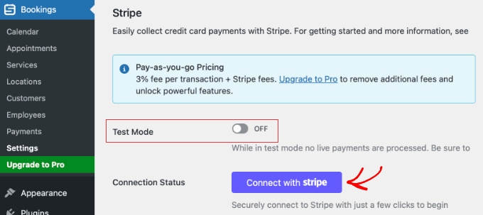 Ustawienia Stripe w Sugar Calendar Bookings