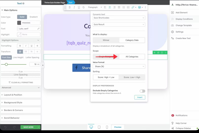 Thrive Quiz results page customization