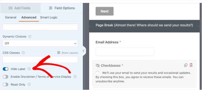 Masquer le libellé de la case à cocher