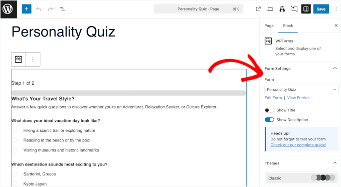 Paramètres du formulaire dans l'éditeur de blocs