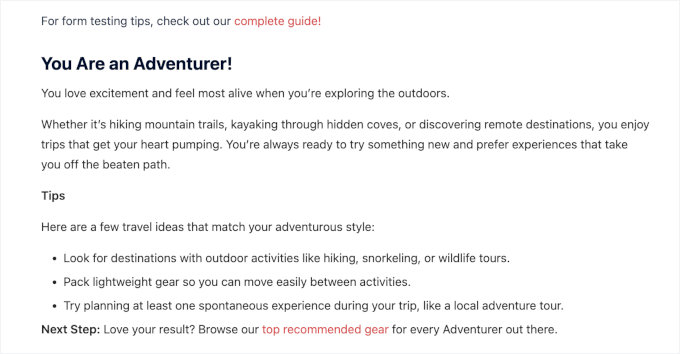 Tester le quiz de personnalité WPForms
