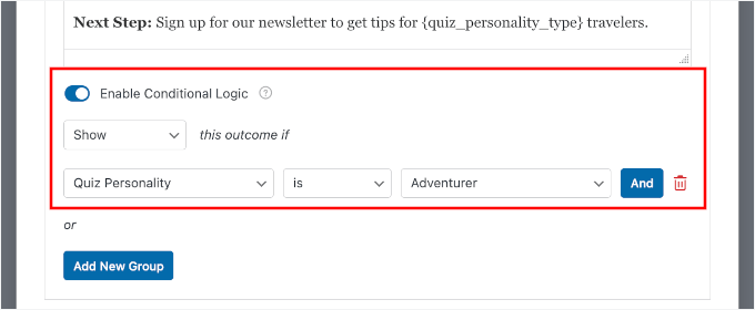 Activer la logique conditionnelle pour un résultat de personnalité