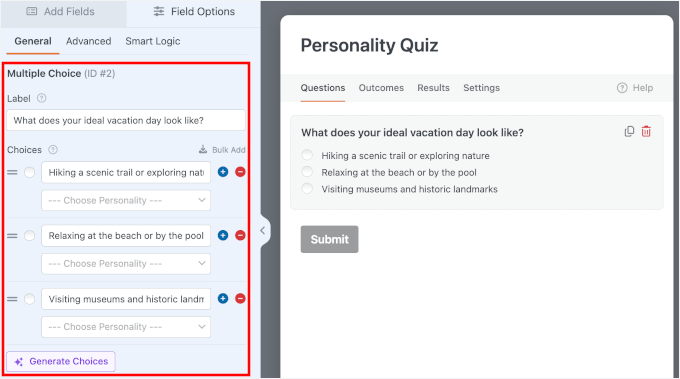 Ajouter des questions et des options au champ à choix multiples