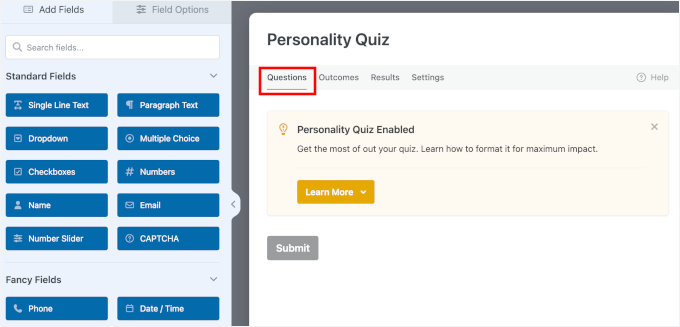 Passer à l'onglet Questions
