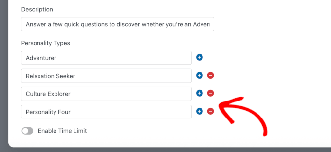 Les boutons pour ajouter et supprimer des types de personnalité