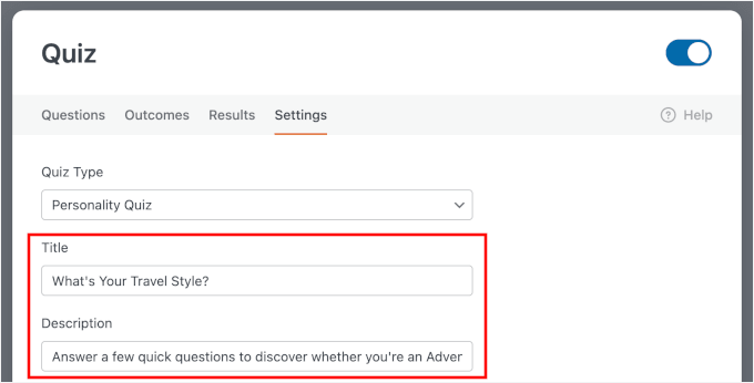 Ajouter le titre et la description du quiz de personnalité
