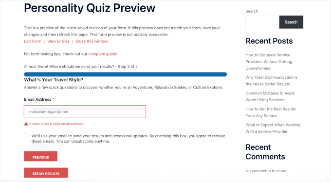 Tester la validation lors de l'aperçu du quiz