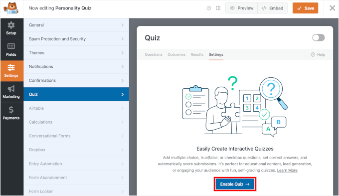 Activer le quiz dans WPForms