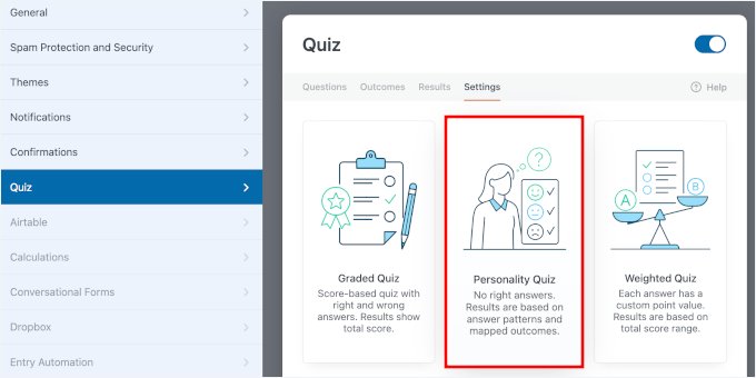 Sélectionner le type de quiz de personnalité