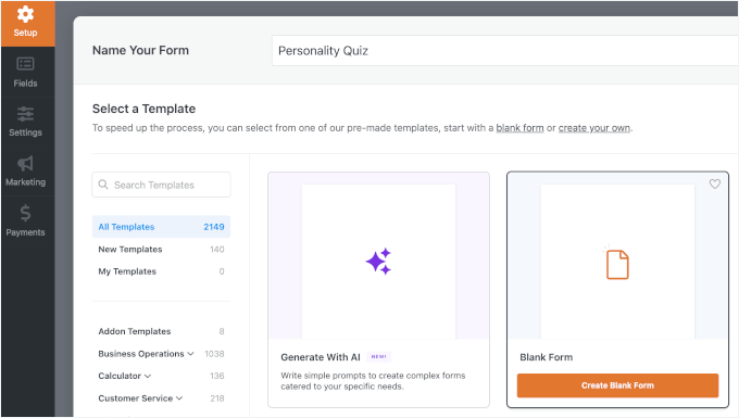 Créer un formulaire de quiz à partir d'une toile vierge