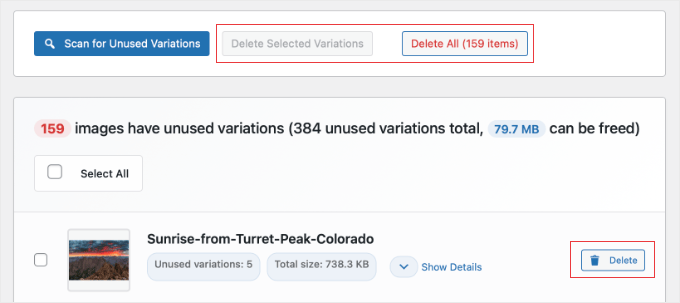 Optionen zum Löschen ungenutzter Bilder mit WP Media Cleanup