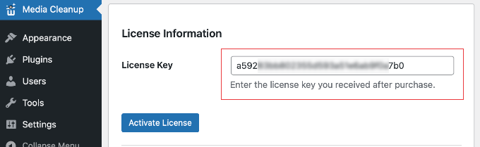 Geben Sie Ihren WP Media Cleanup Lizenzschlüssel ein