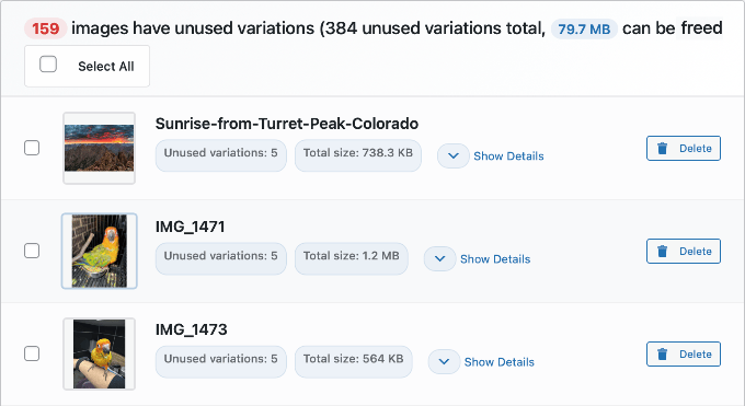 WP Media Cleanup listet ungenutzte Bildvariationen auf