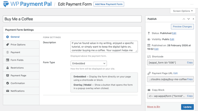 The WP Payment Pal user interface The WP Payment Pal user interface