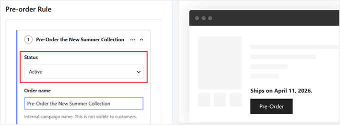Ative a regra de Pré-pedido no Merchant