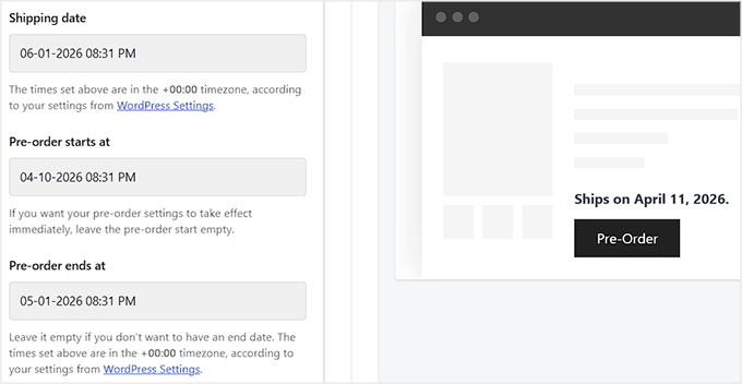 Configure a data de início e fim do pré-pedido no Merchant