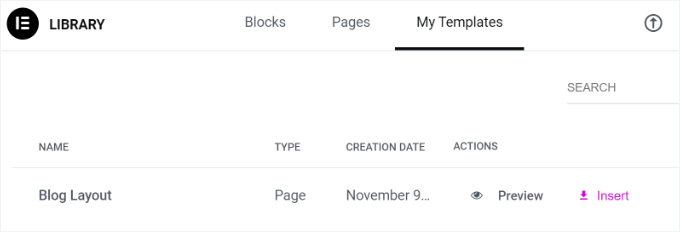 Viewing the Elementor custom layout in the library