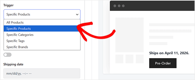 Selecione um gatilho para pré-pedidos no Merchant