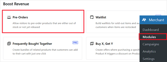 Selecione o módulo Pre-Orders no Merchant