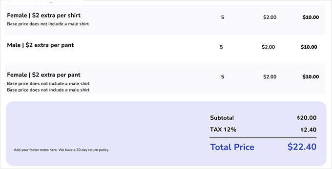 Tax calculated in Stylish Cost Calculator