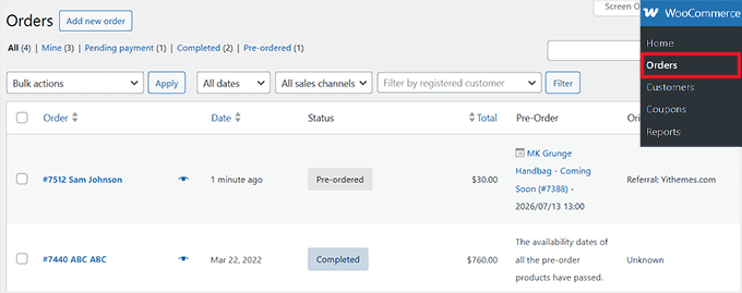 Visualizar pré-encomendas YITH na página de Pedidos do WooCommerce