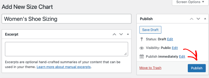 WooCommerce İçin WPC Ürün Beden Tablosu Beden Tablosunu Yayınlama