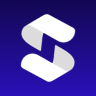 Abstract white, S-shaped logo on a blue gradient background, representing the brand.