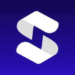Logo abstrato em forma de S, branco, sobre um fundo gradiente azul, representando a marca.