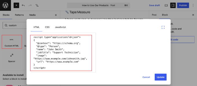 Adding Schema Markup to a Post Using a Custom HTML Block