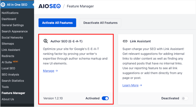 Enabling the Author SEO feature in AIOSEO
