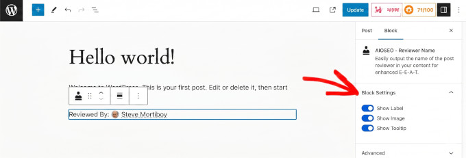 Name des Rezensenten im Block-Editor