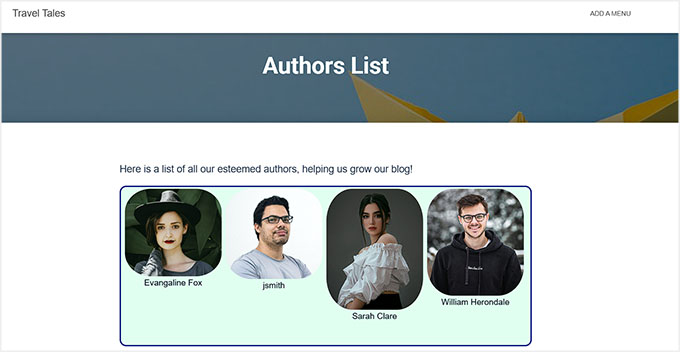 Vorschau der Autorenliste, erstellt mit dem Author Avatars List/Block Plugin