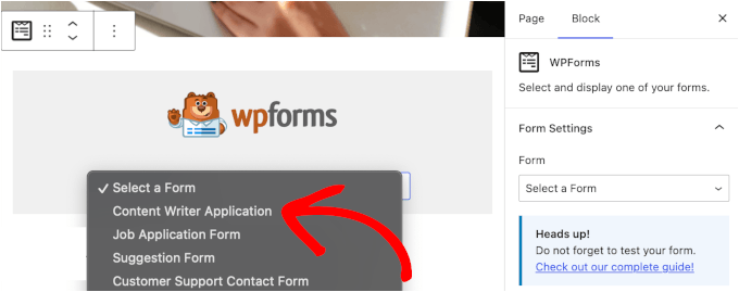 Selecting your form from the WPForms dropdown list