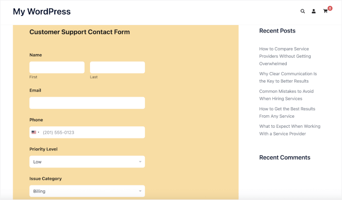 AI-generated form on a live WordPress site